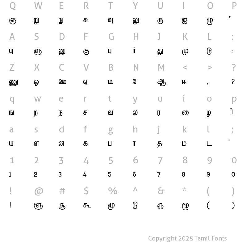 Baamini tamil font Character map